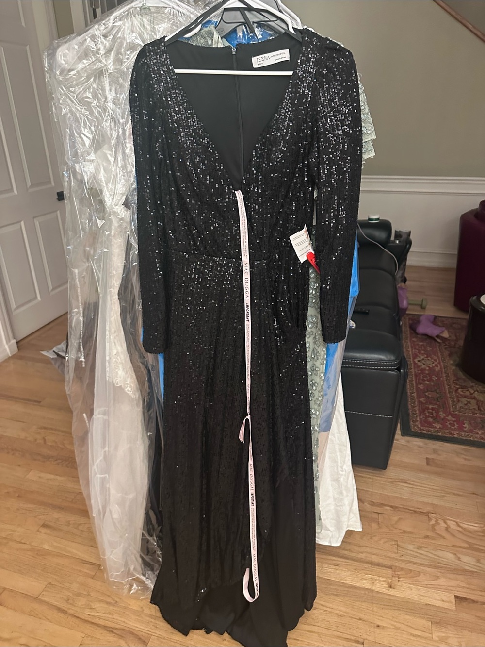 Mac Duggal Black Sequin Long Sleeve V-Neck Gown